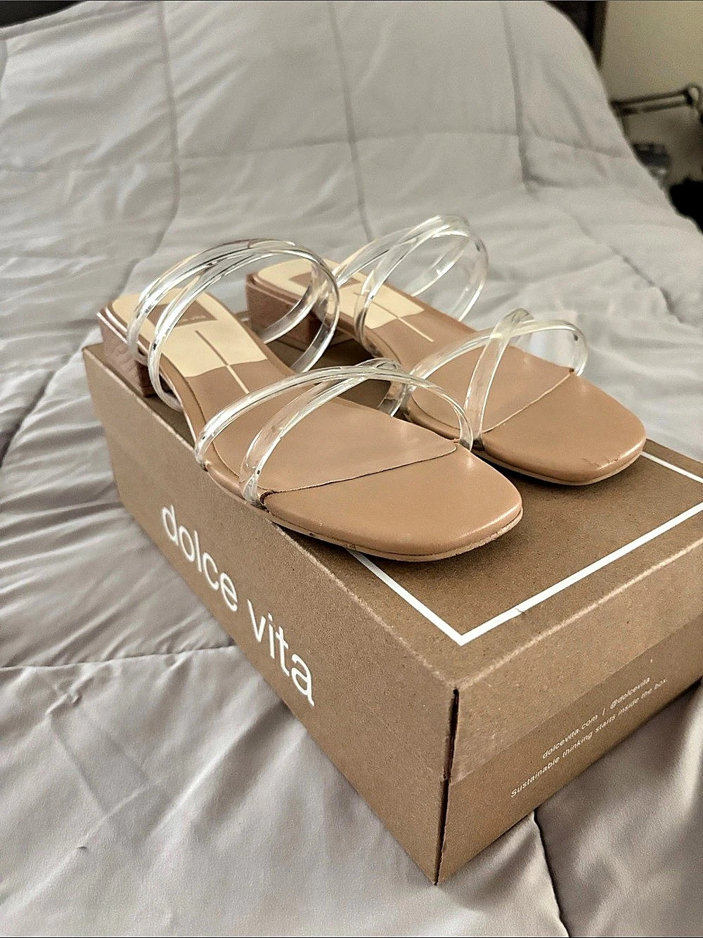 Dolce Vita Romy Snake Embossed Block Heel Sandals Tan & Clear US 7.5
